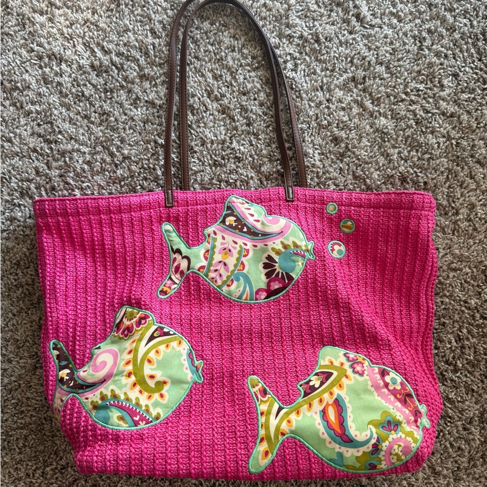 Vera Bradley Seashore Fish Tote Tutti Frutti Straw Beach Bag